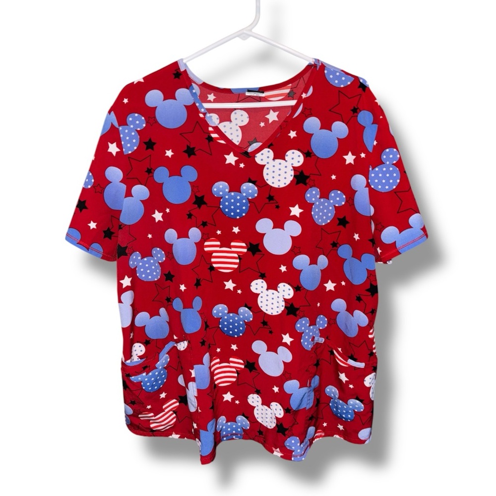 Disney Red and Blue Star Patterned Women’s Scrub Top